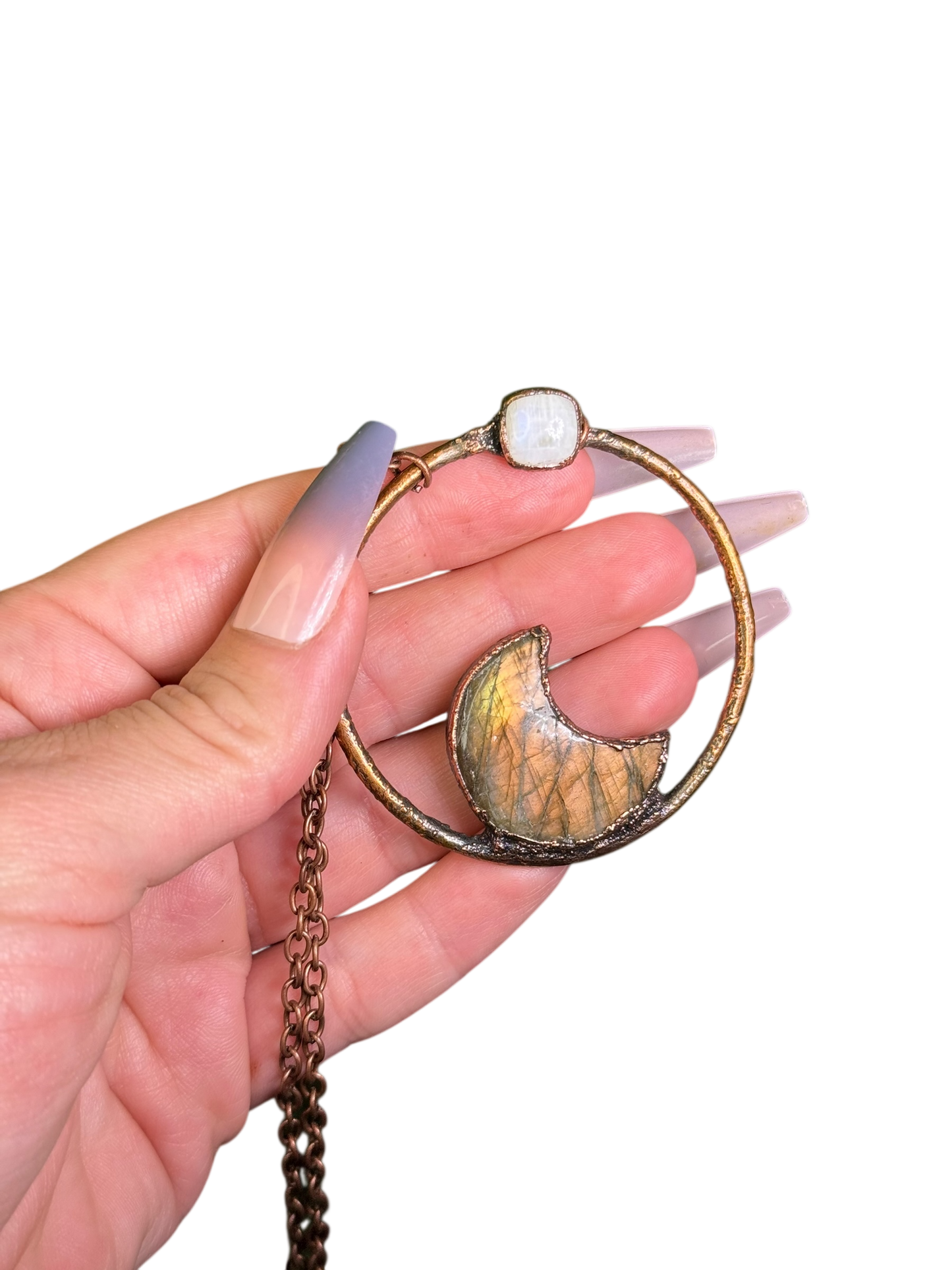 Labradorite Crescent + Moonstone Necklace