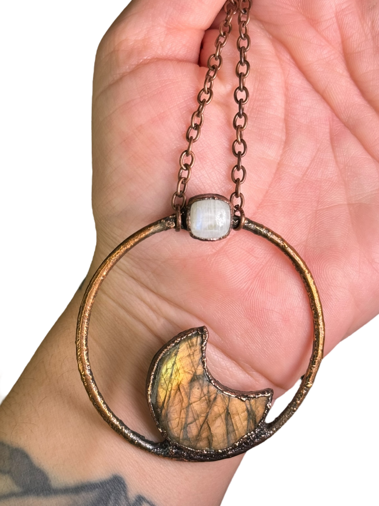 Labradorite Crescent + Moonstone Necklace
