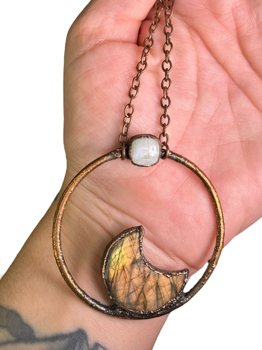 Labradorite Crescent + Moonstone Necklace