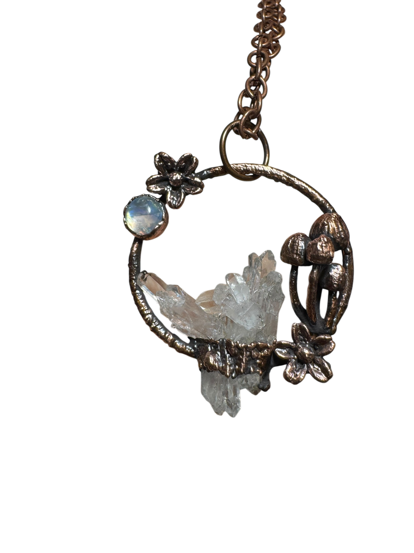 Botanical Quartz and Moonstone Mushroom Pendant