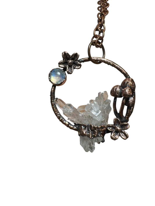 Botanical Quartz and Moonstone Mushroom Pendant