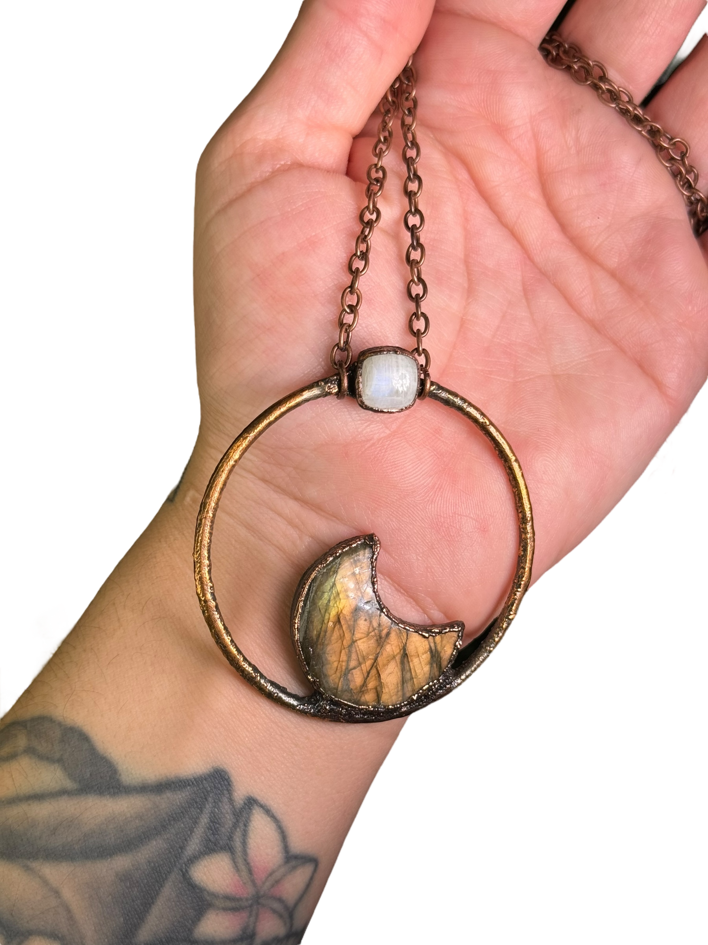Labradorite Crescent + Moonstone Necklace